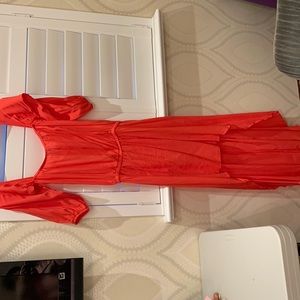 High low koko palenki orange/ pinkish off the shoulder dress.